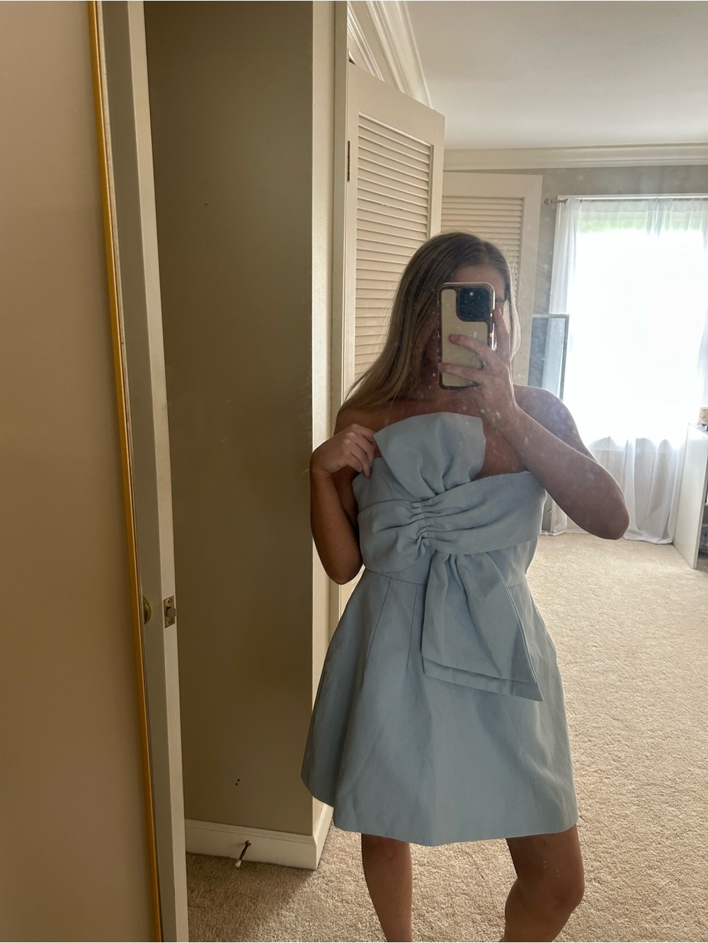 Showpo Strapless Powder Blue Bow-Front Mini Dress